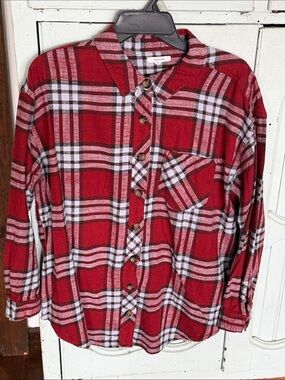 Maurices Red and Light Blue Plaid Button-Up Flannel Shirt